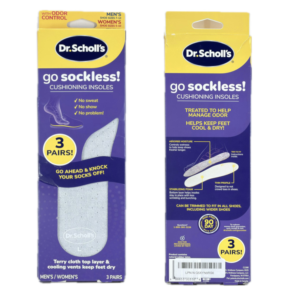 Dr Scholl’s Go Sockless Cushioning Insoles 3 Pair Women 5-10, Men's 7-13 No Show